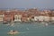 View of Basin of San Marco and Venetian buildings from belltower of Church of San Giorgio Maggiore, Venice, Italy