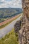 View from the Bastei bridge in the valley of the river Elbe with the typical nature and sandstone rock formations