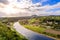 View from the bastei viewpoint of the Elbe river and the Rathen town in beautiful landscape scenery, Sandstone mountains, Saxon