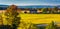 View of battlefields and a red barn in Gettysburg, Pennsylvania.