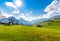 View on bavarian and brandengerg alps, green fields with blue sky at sunset. Austria, Tyrol