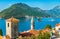 View of the Bay of Kotor with two small islands and bell towers in Perast, Montenegro