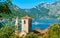 View of the Bay of Kotor with two small islands and bell towers in Perast, Montenegro