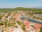 View of the bay and old city with fortress and church in the town of Vrboska on Hvar island, Croatia