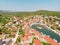 View of the bay and old city with fortress and church in the town of Vrboska on Hvar island, Croatia