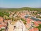 View of the bay and old city with fortress and church in the town of Vrboska on Hvar island, Croatia