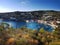 View of the bay of Paxos with yachts and the sun