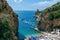 View of the bay, public beach of Marina di Praia. Mountain landscape coast of Italy, Amalfi. Sea and rocks, Tourists and vacations