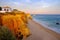 View on the beach Careanosy in Portimao with beautiful cliffs on the sunset. Vacation in Portugal