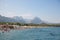 View of the beach coast and Taurus mountains on a summer day. Kemer Resort, Turkey