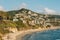 View of the beach and hills at Treasure Island Park, in Laguna Beach, Orange County, California