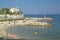 View with beach looking towards Villa Kerylos, Beaulieu-Sur-Mer, France