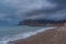 View of beach and mountain Kara Dag at morning. Koktebel. Crimea