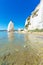 View beach of Vieste with Pizzomunno rock, Gargano coast, Apulia, South of Italy