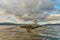 View of the Beagle lighthouse during the autumn cloudy day. Argentine Patagonia in Autumn