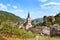 view of beautiful ancient European German Bacharach city, Old Post Compound With Postenturm, Grape Escape Rhine Valley, slate