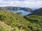 View on beautiful blue crater lake Lagoa do Fogo from viewpoint miradouro da barrosa. Lake of Fire is the highest lake