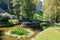 View of a beautiful decorated garden in front of bran castle in romania