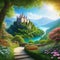 View through a beautiful enchanting tale woodland onto a castle and a sailing