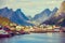 View of the beautiful fishing village Reine, Norway