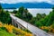 View beautiful lake with blue water, bridge and mountains. Bariloche, argentina