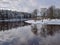 View of beautiful river winter day, snowy trees, many clouds, beautiful reflections, calm river water