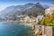 View of the beautiful town of Amalfi at famous Amalfi Coast with Gulf of Salerno, Campania, Italy