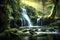 The view of the beautiful waterfall in the forest with soft flowing water and the sunlight shining above.