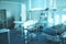 View of the beds and equipment at emergency room as a concept of hospital life, defocused background