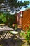 View into a beer garden with various mixed garden furniture