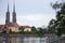 View from behind the river to the Catholic Cathedral of John the Baptist in Wroclaw