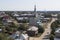 View from the bell tower of the Church of the Entry of the Lord into Jerusalem on the Church of the Nativity in the city of Totma