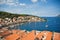 View from bell tower of Sveti Marko cathedral, Korcula Old Town,