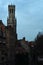 View of bell tower from the waterway in Bruges
