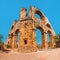 View from below of the ancient Roman or Lycian aqueduct for the water supply of Aspendos city situated on a hill in