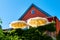 View from below on a outdoor terrace with parasols in hawaii style and plants