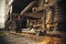 A view from below of the rusty old wheels of a heavy electric train