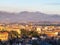 View of Bergamasque Alps and Bergamo at sunset