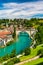 View of the Bern old city center and Nydeggbrucke bridge over river Aare, Bern, Switzerland. Bern old town with the Aare river