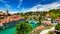 View of the Bern old city center and Nydeggbrucke bridge over river Aare, Bern, Switzerland. Bern old town with the Aare river