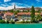 View of the Bern old city center and Nydeggbrucke bridge over river Aare, Bern, Switzerland. Bern old town with the Aare river