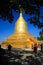 View beyond tree on bright golden Lawkananda pagoda against blue sky