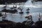 View of bird rocks and cliffs along Pacific Coast Highway 1 in California, a habitat and refuge for brown pelicans, cormorants,