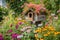 view of birdhouse surrounded by colorful blooms and greenery
