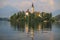 View of Bled Lake, Bled island with small pilgrimage church, mountains in the background, Slovenia, Europe. Peace and quiet.