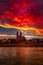 View of bloody sunset in front of cathedral in Magdeburg, Germany, Autumn, red cloudy sky