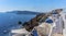 A view of blue domed churches on the edge of the caldera in the village of Oia, Santorini