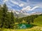 View of the Blue lake Lago Blu near Breuil-Cervinia and Cervino Mount Matterhorn in Val D`Aosta