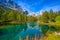 View of the Blue lake Lago Blu near Breuil-Cervinia and Cervino Mount Matterhorn in Val D`Aosta,Italy.