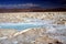 View on blue shimmering salt water puddle in rugged barren dried terrain - Salar Salt flat near San Pedro de Atacama